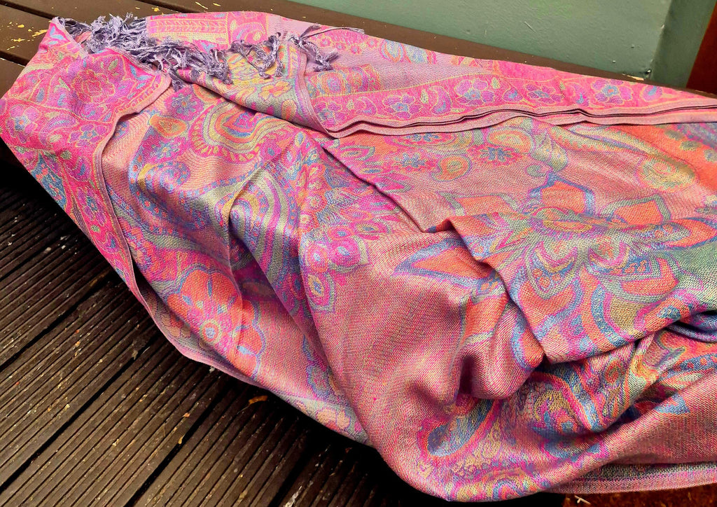 Cashmere Scarf/Headscarf Embroidered Pink and Multicoloured