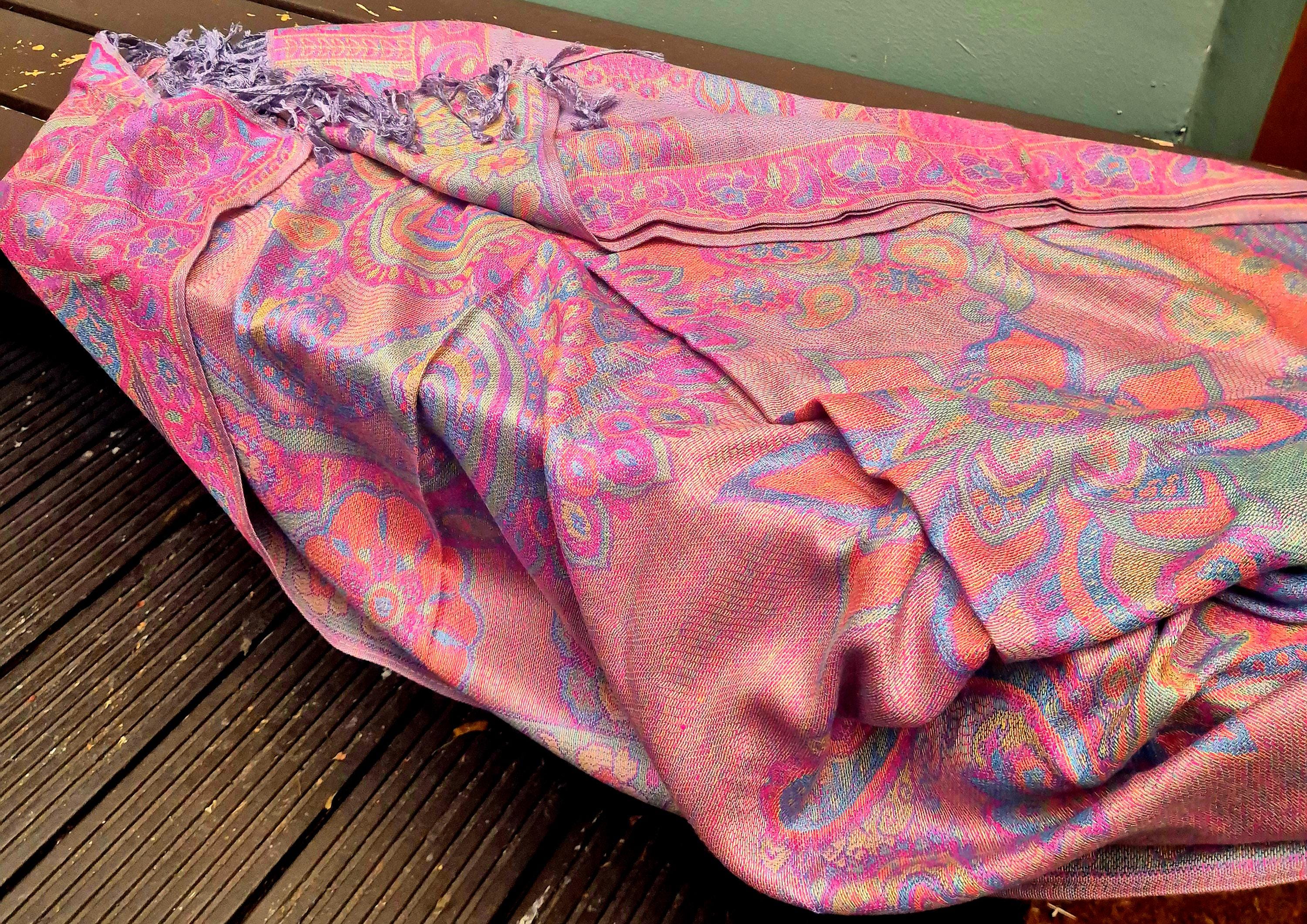 Cashmere Scarf/Headscarf Embroidered Pink and Multicoloured