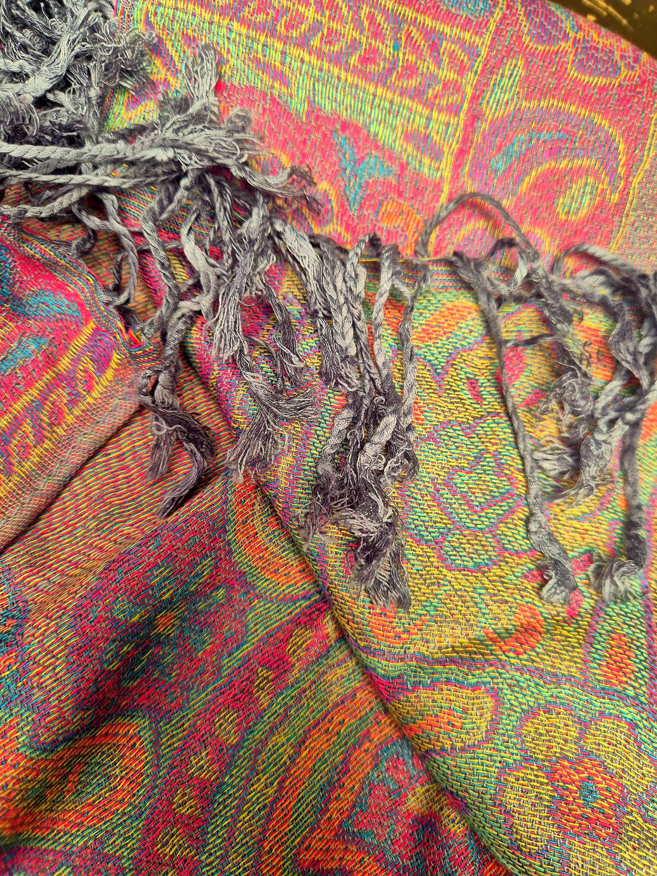 Cashmere Scarf/Headscarf Embroidered Pink and Multicoloured