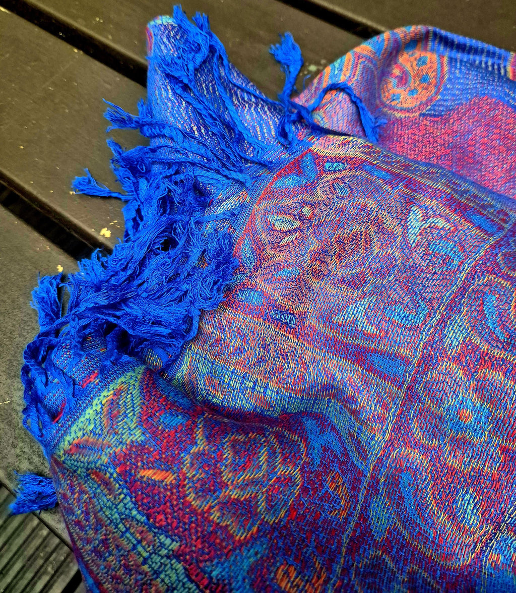 Cashmere Scarf/Headscarf Embroidered Blue and Pink