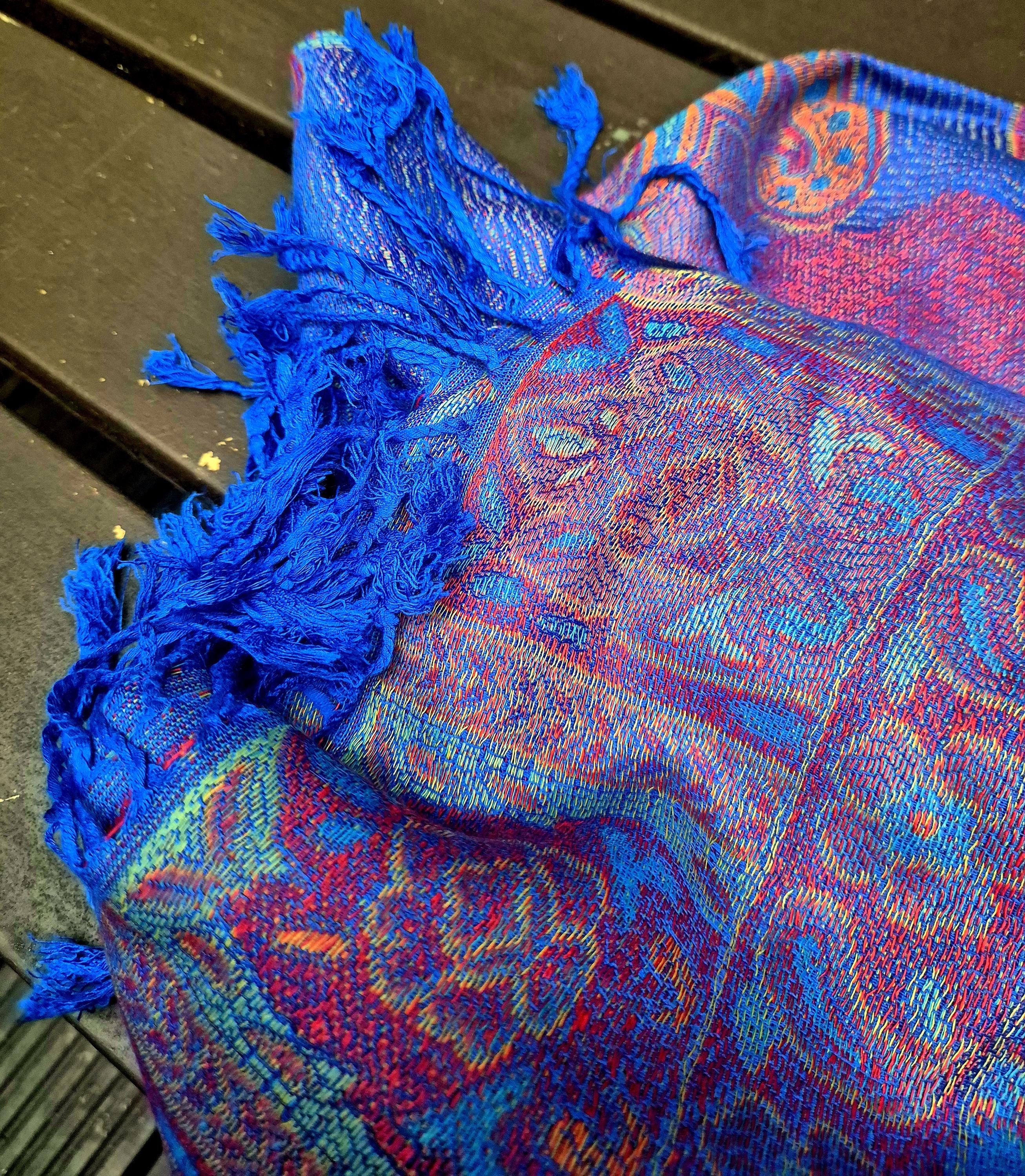 Cashmere Scarf/Headscarf Embroidered Blue and Pink