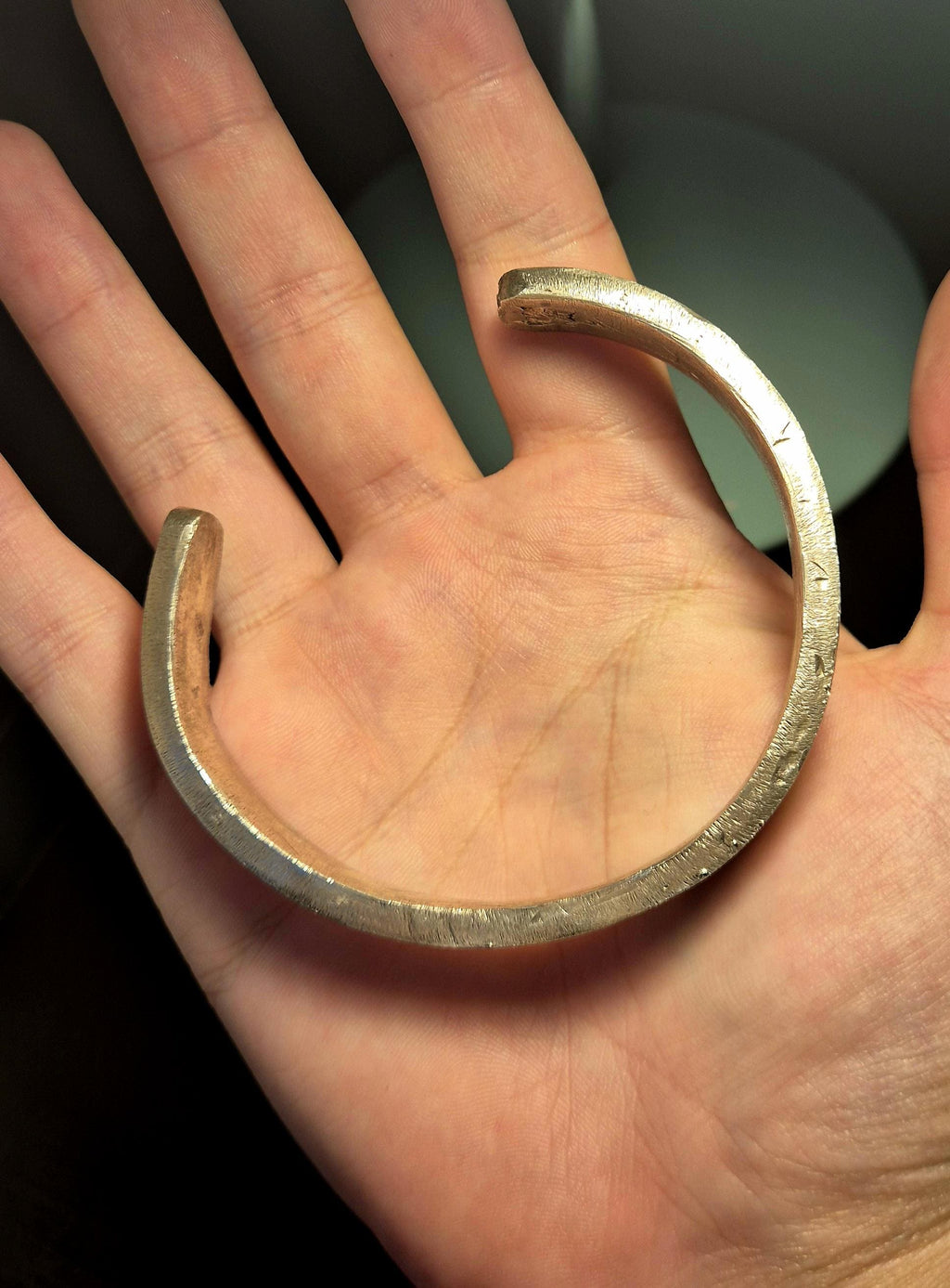 Hand-Forged Sterling Silver Bangle: 100g Recycled Silver, Engraved Hearts