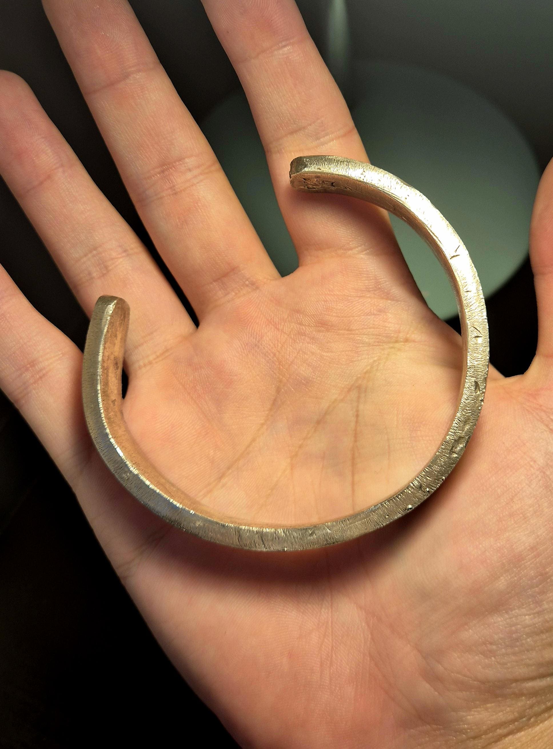 Hand-Forged Sterling Silver Bangle: 100g Recycled Silver, Engraved Hearts