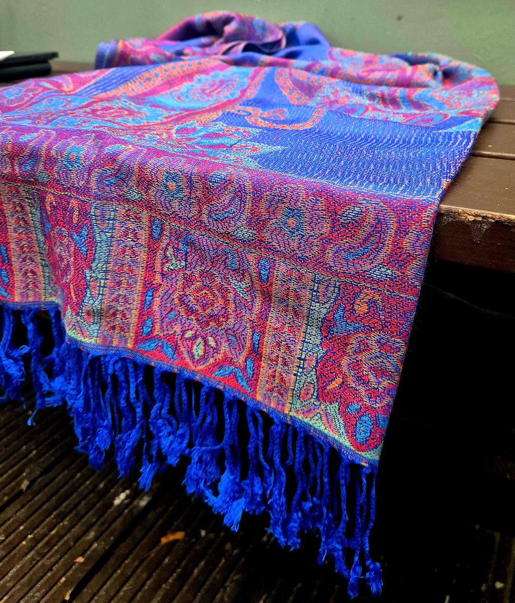 Cashmere Scarf/Headscarf Embroidered Blue and Pink