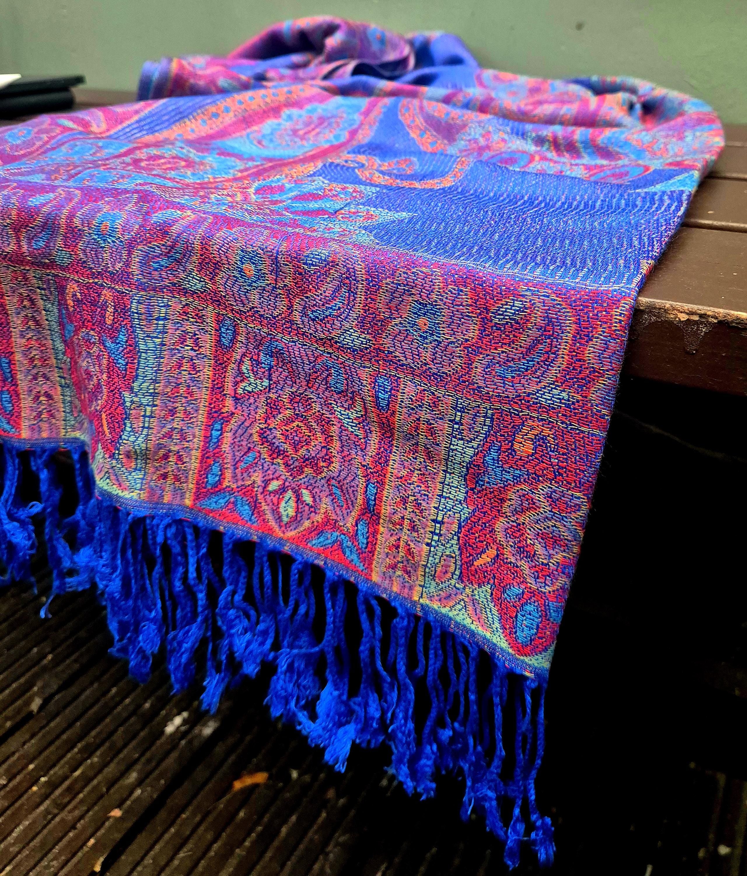 Cashmere Scarf/Headscarf Embroidered Blue and Pink
