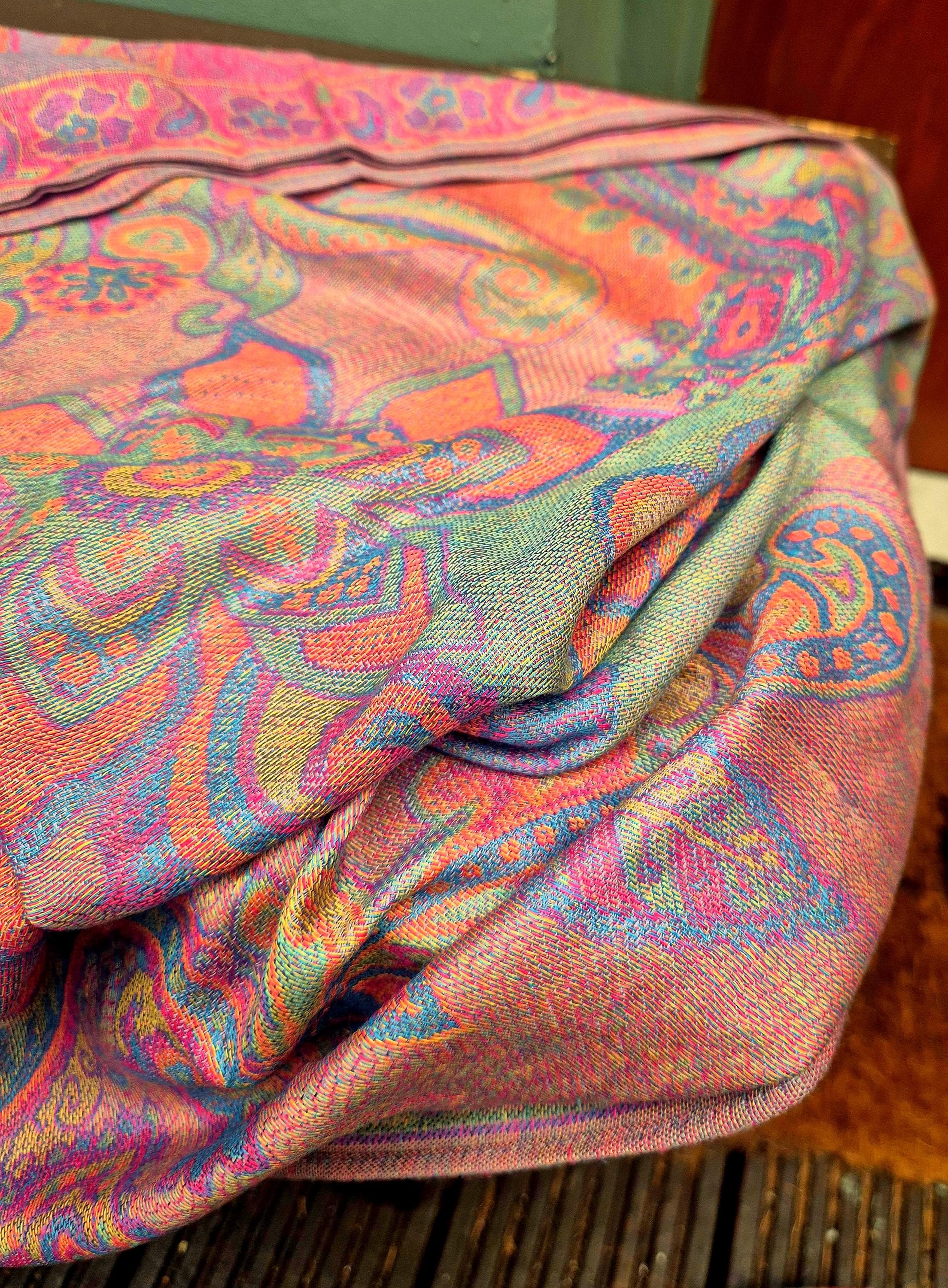 Cashmere Scarf/Headscarf Embroidered Pink and Multicoloured