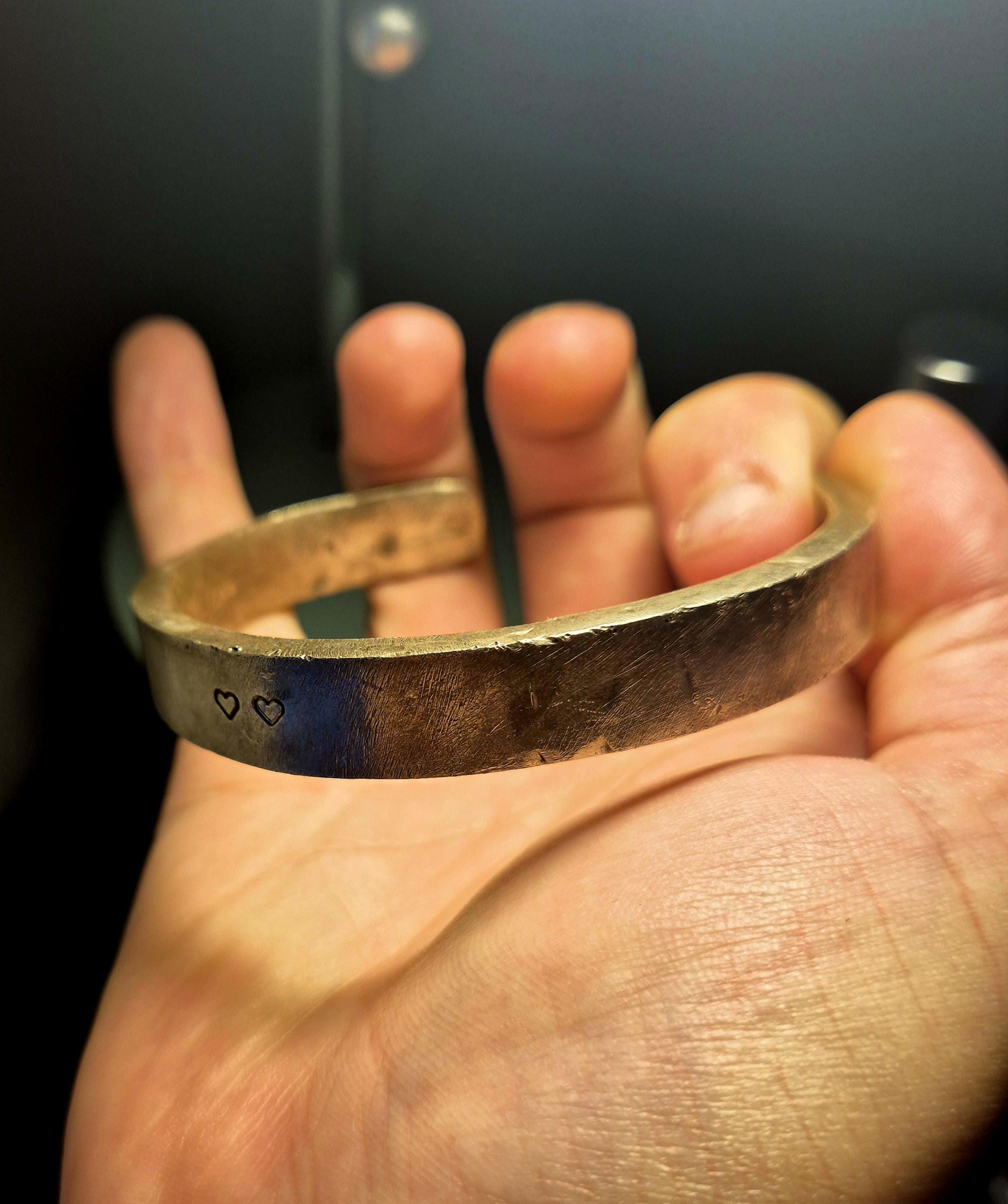 Hand-Forged Sterling Silver Bangle: 100g Recycled Silver, Engraved Hearts
