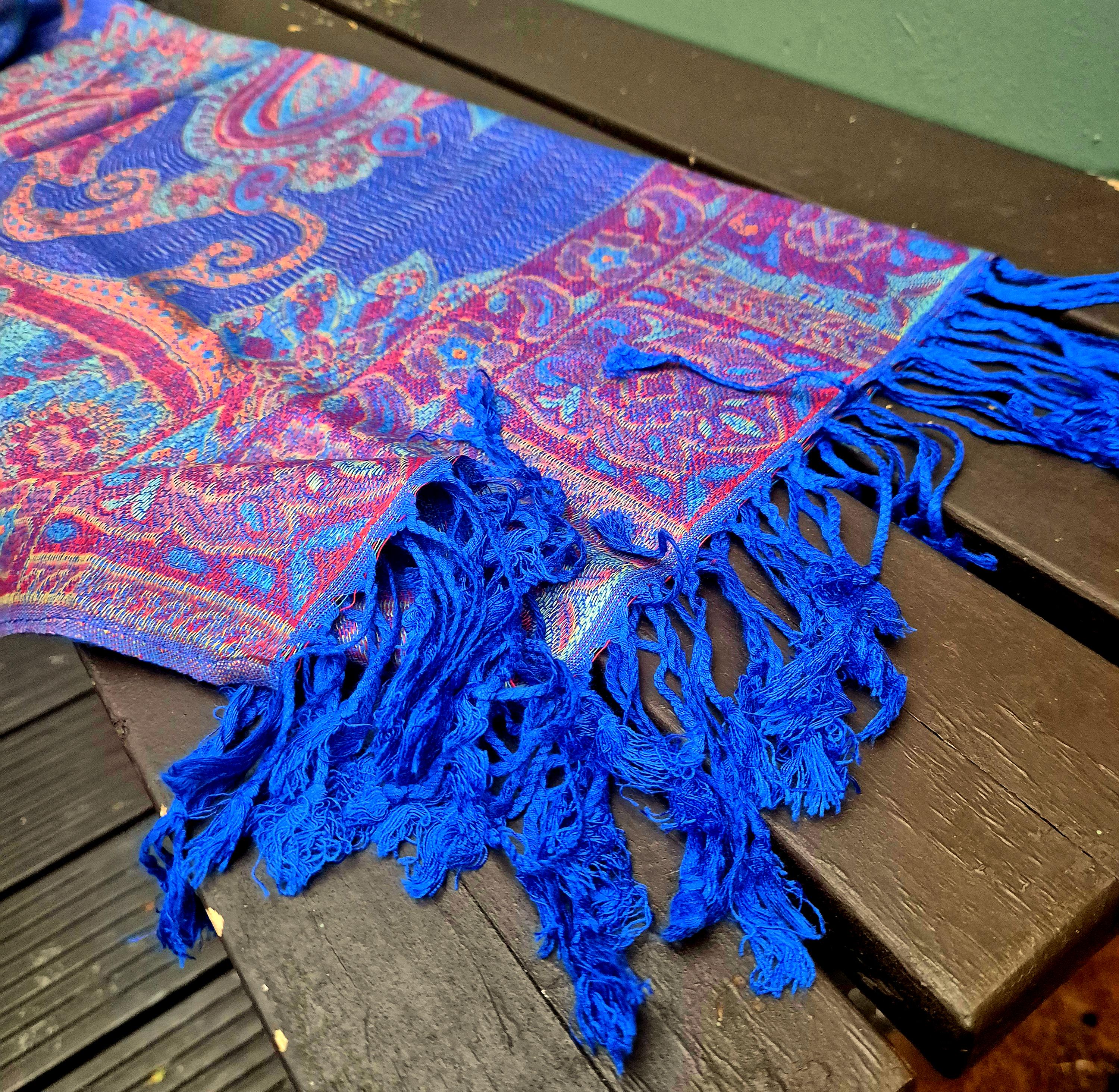 Cashmere Scarf/Headscarf Embroidered Blue and Pink