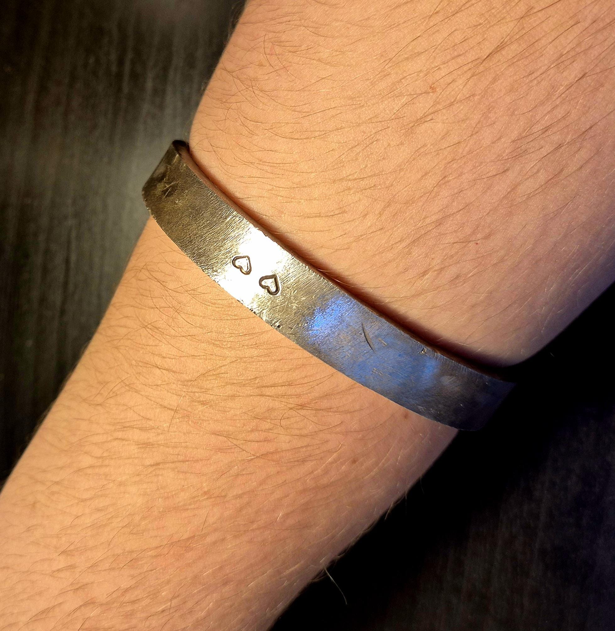Hand-Forged Sterling Silver Bangle: 100g Recycled Silver, Engraved Hearts