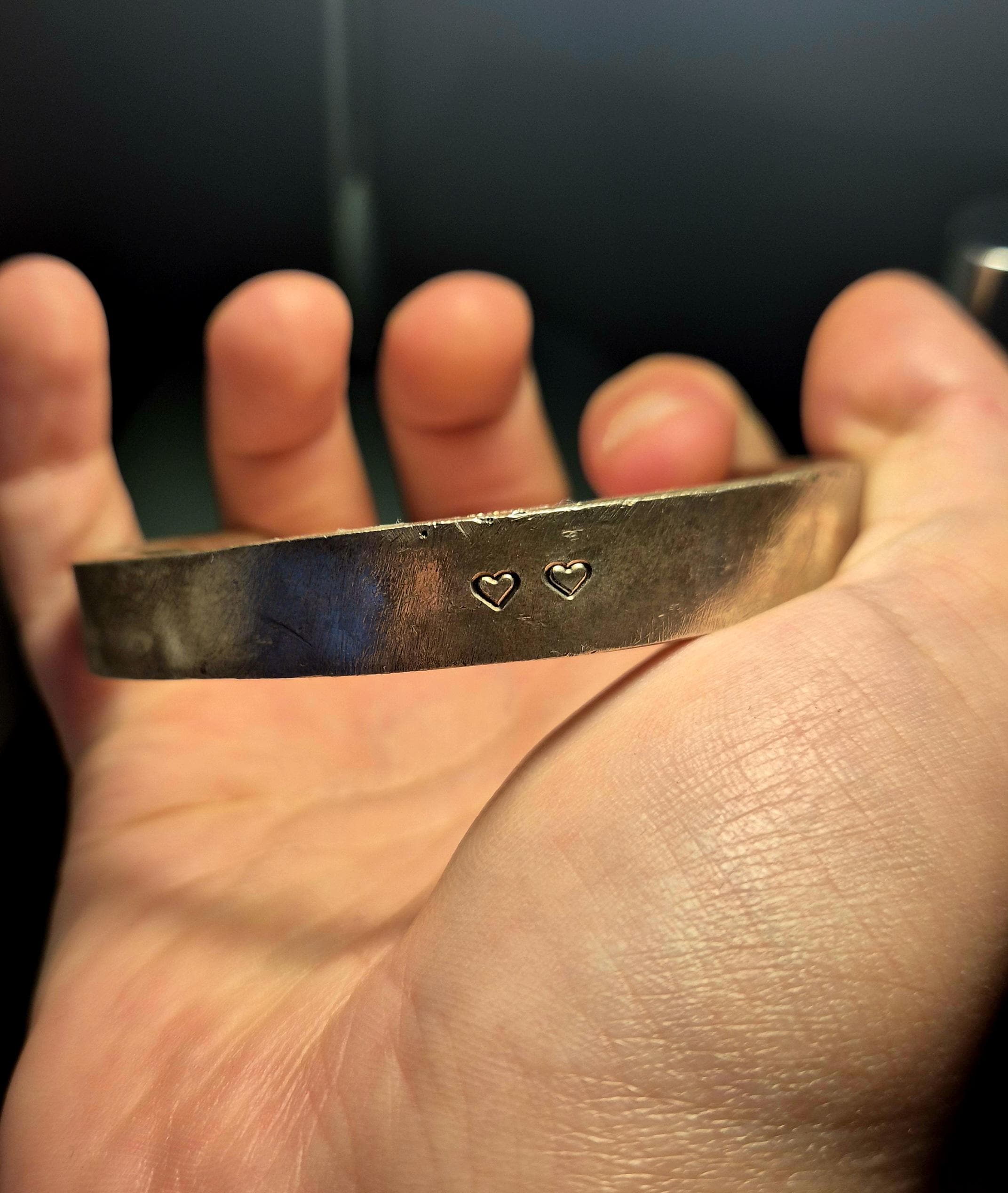 Hand-Forged Sterling Silver Bangle: 100g Recycled Silver, Engraved Hearts