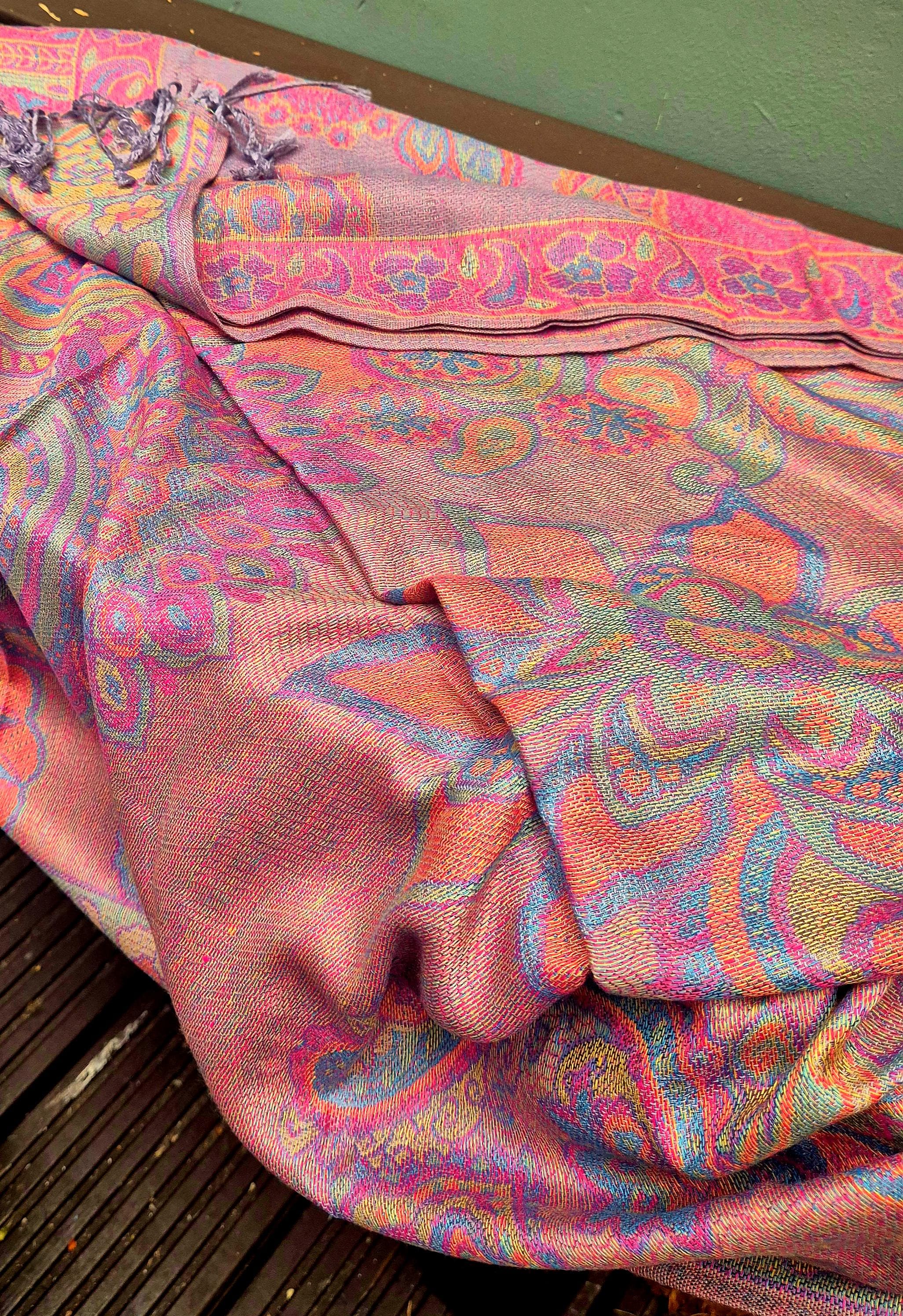 Cashmere Scarf/Headscarf Embroidered Pink and Multicoloured