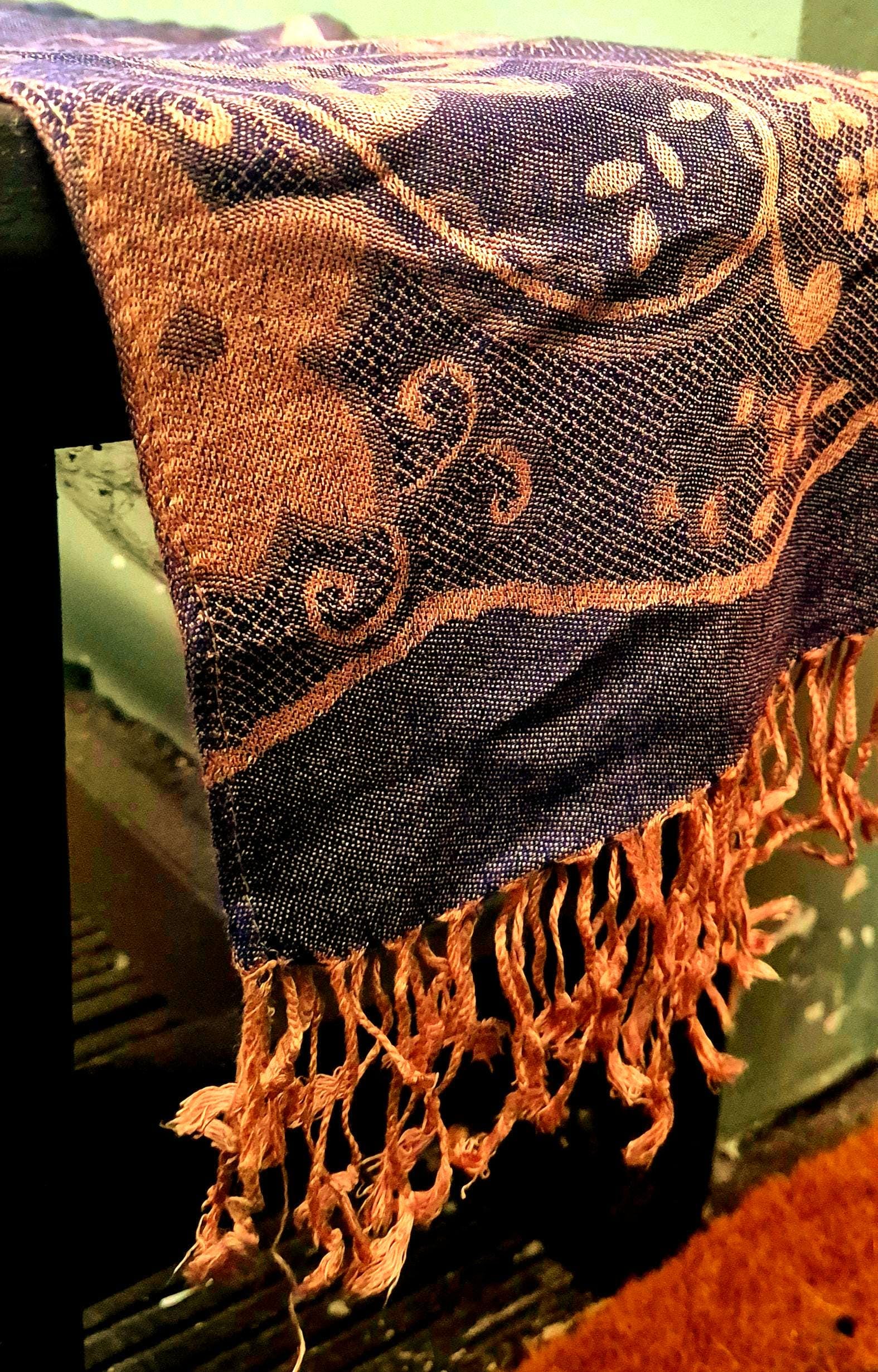 Cashmere Scarf/Headscarf Embroidered Blue and Gold