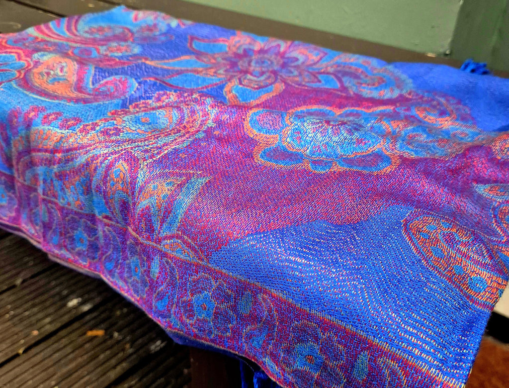 Cashmere Scarf/Headscarf Embroidered Blue and Pink