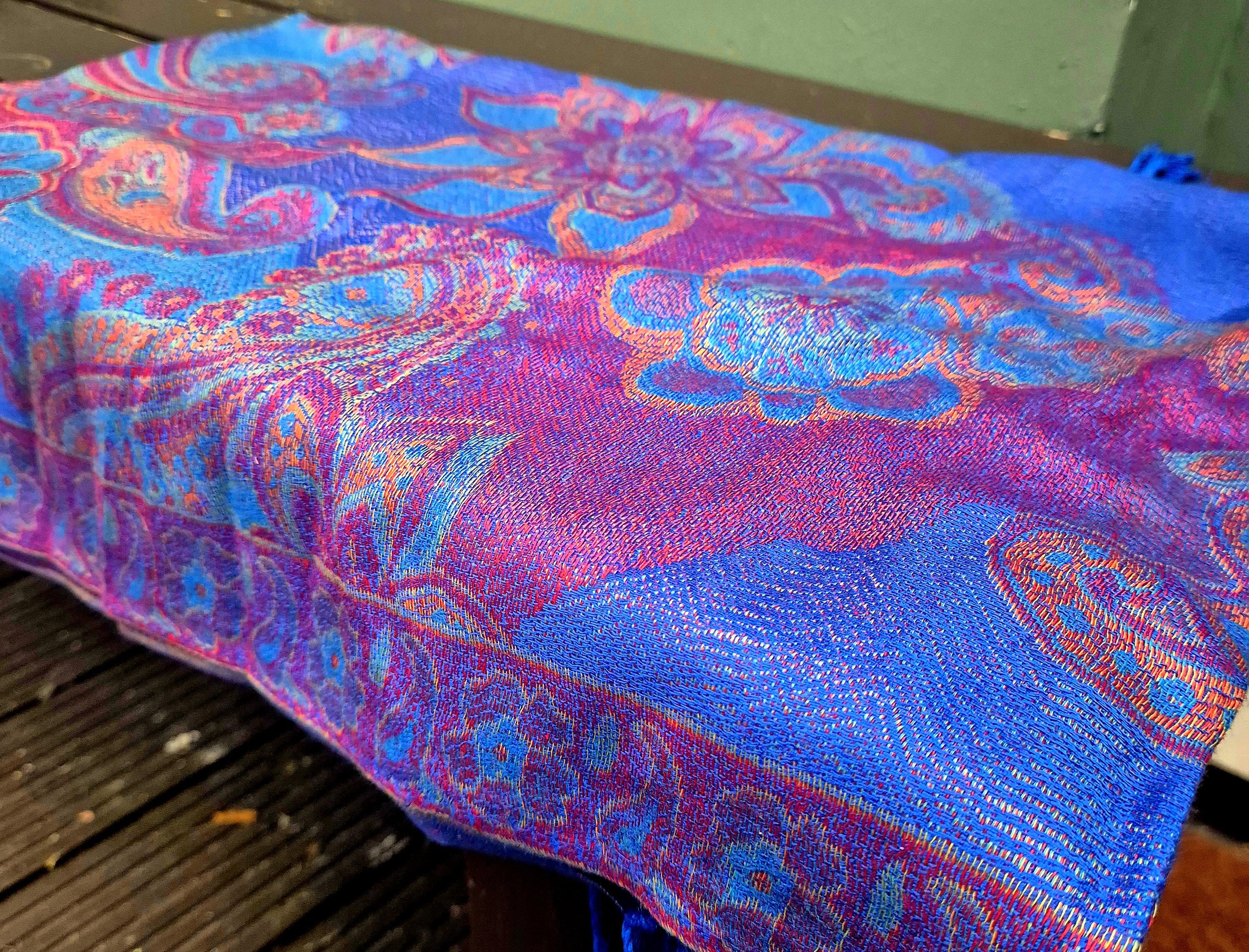 Cashmere Scarf/Headscarf Embroidered Blue and Pink