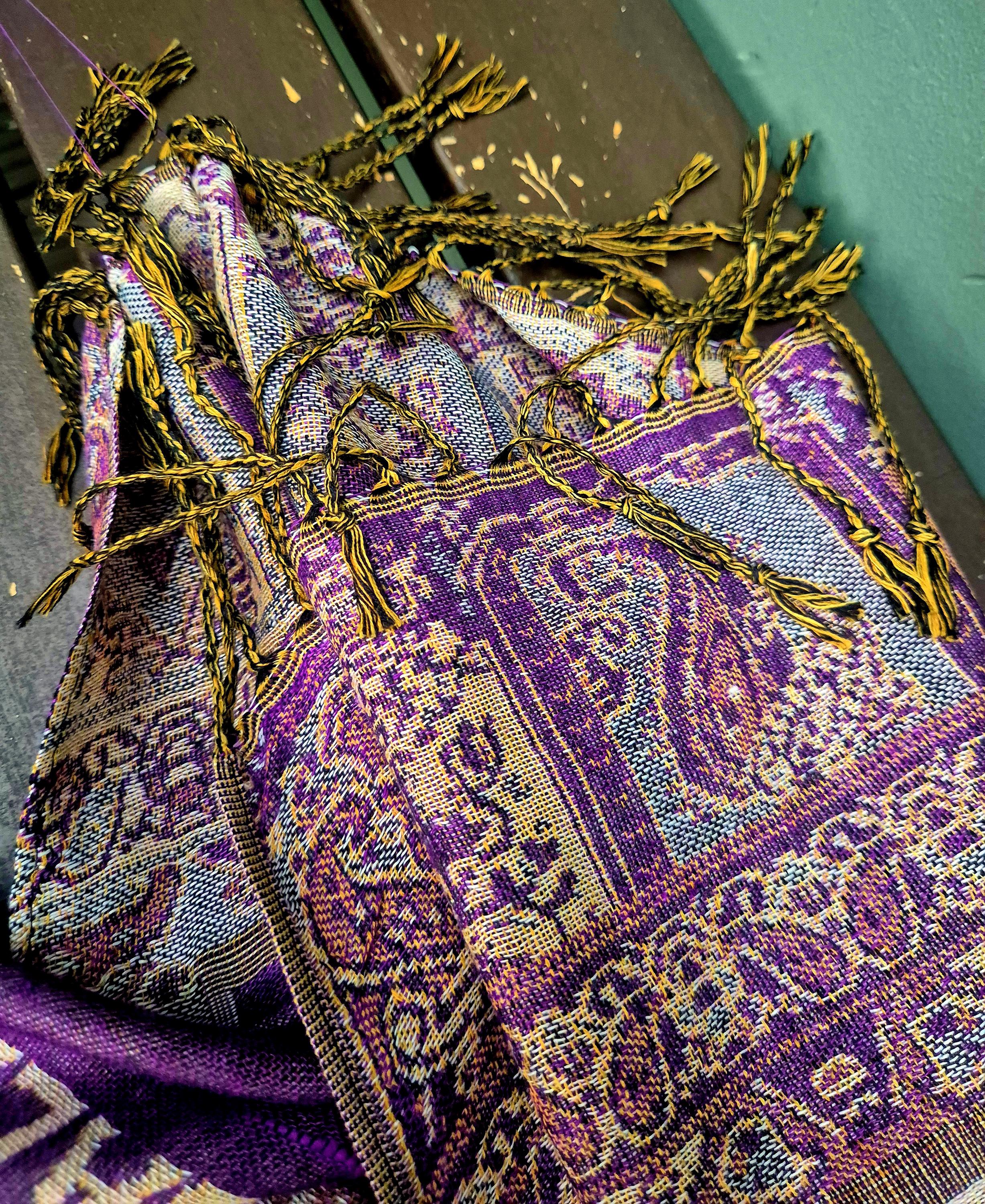 Cashmere Keffiyeh Style Scarf/Headscarf Embroidered Purple and Gold