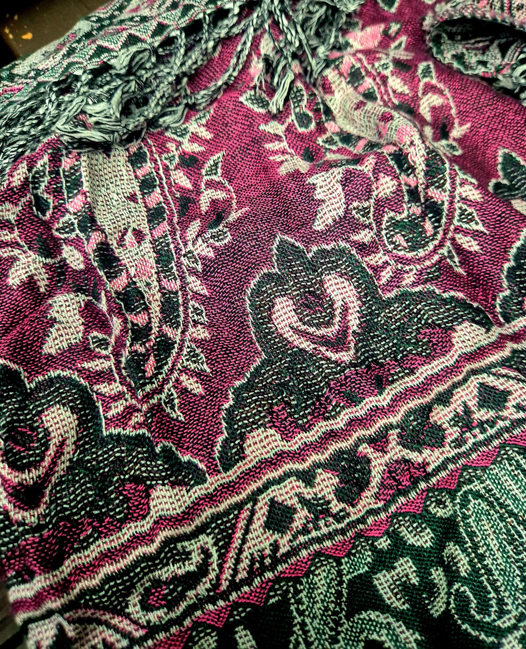 Cashmere Scarf/Headscarf Embroidered Green and Purple
