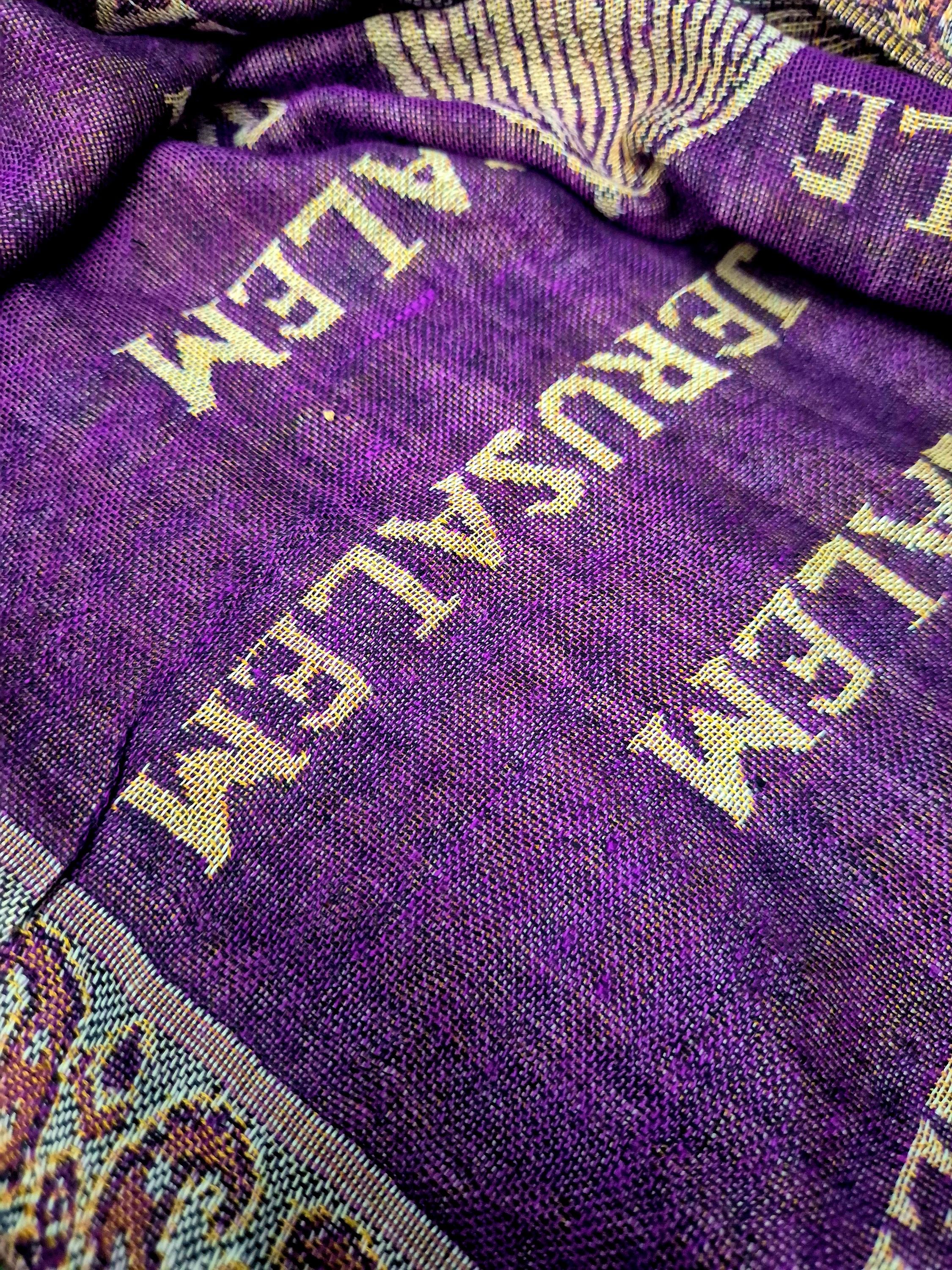 Cashmere Keffiyeh Style Scarf/Headscarf Embroidered Purple and Gold